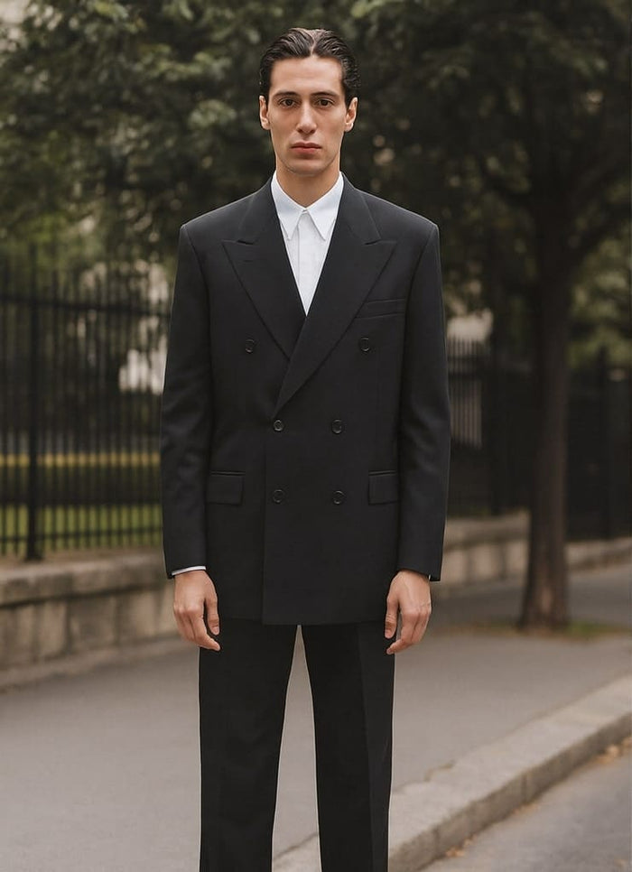 Steve Harvey men's suit: Black, double-breasted, modern fit. Broad lapels, structured shoulders, straight trousers. Smooth, solid fabric. Jacket has side pockets, tailored look.
