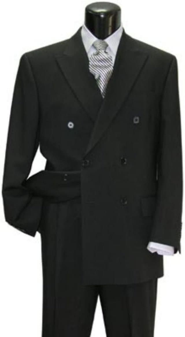 Black double-breasted men's suit, modern fit. Jacket: two rows of buttons, sleek lapels. Includes a striped dress shirt. Straight-leg pants, formal and tailored appearance.
