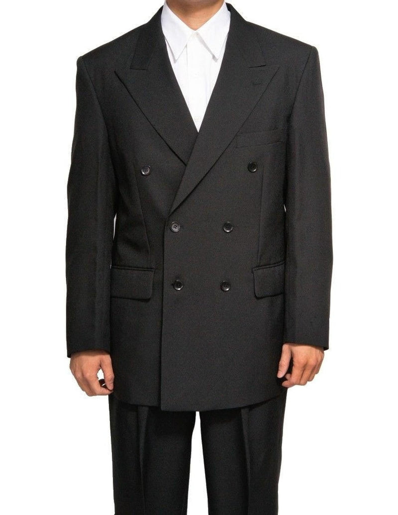 Steve Harvey men's black double-breasted suit. Modern fit, structured shape, shawl collar, smooth material, and flap pockets. Classic and stylish.
