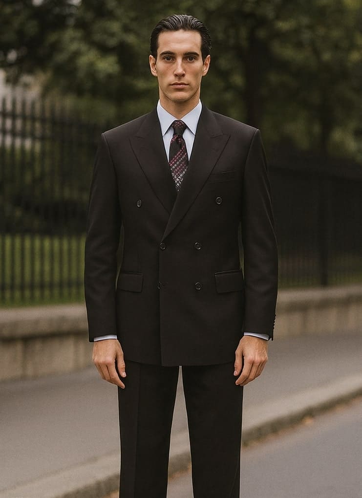Black Steve Harvey men's suit. Double-breasted, modern fit. Includes front pockets & structured shoulders. Tailored silhouette.
