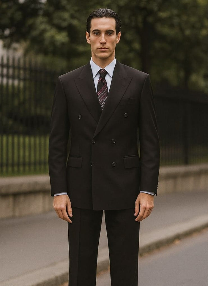 Black Steve Harvey men's suit. Double-breasted, modern fit. Includes front pockets & structured shoulders. Tailored silhouette.
