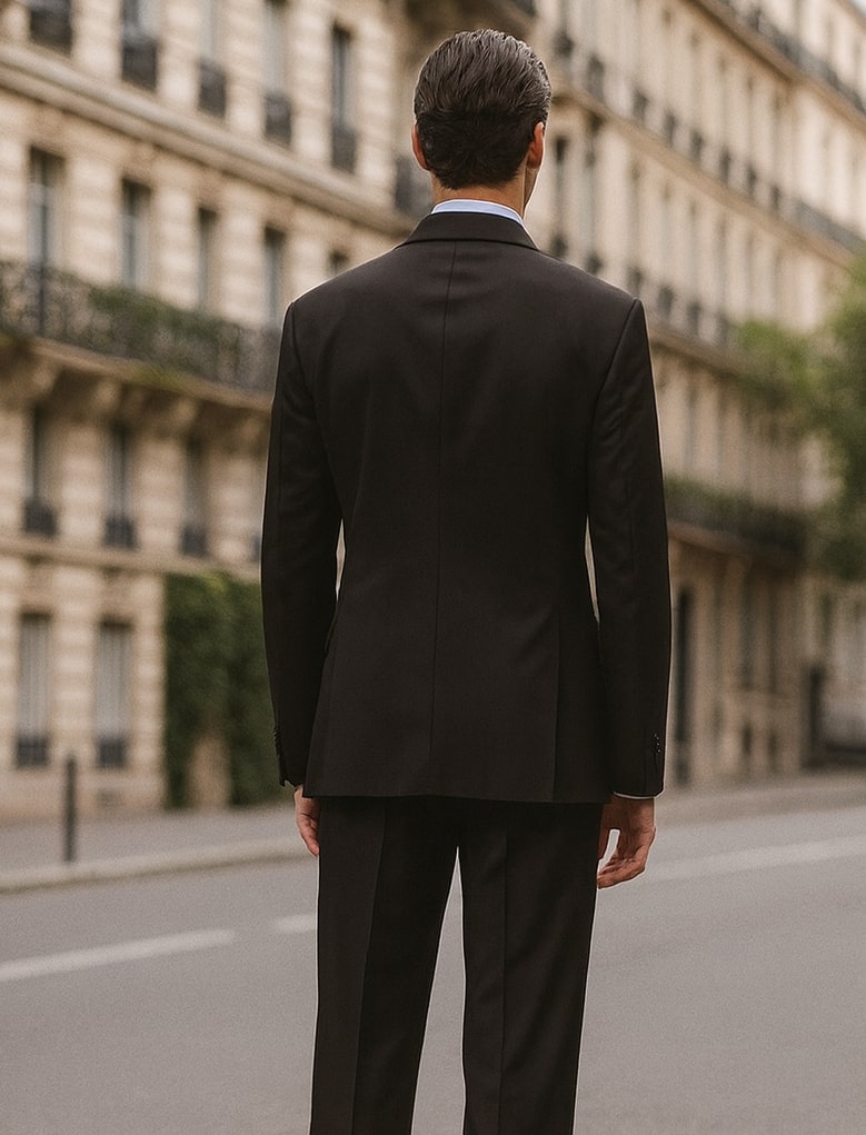 Men's Steve Harvey suit: Black, double-breasted, modern fit. Features sleek lines, structured silhouette, and visible stitching on lapels/sleeves.
