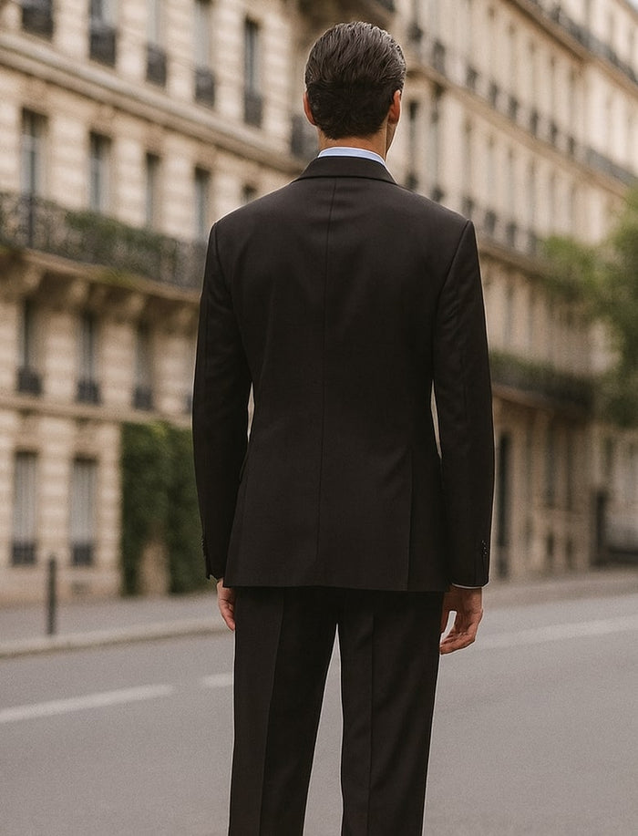 Men's Steve Harvey suit: Black, double-breasted, modern fit. Features sleek lines, structured silhouette, and visible stitching on lapels/sleeves.
