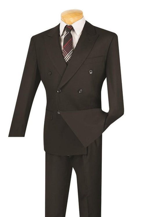 Black double-breasted suit with a modern fit. Tailored jacket, peaked lapels, dual pockets. Straight-leg trousers. Includes white shirt and patterned tie.
