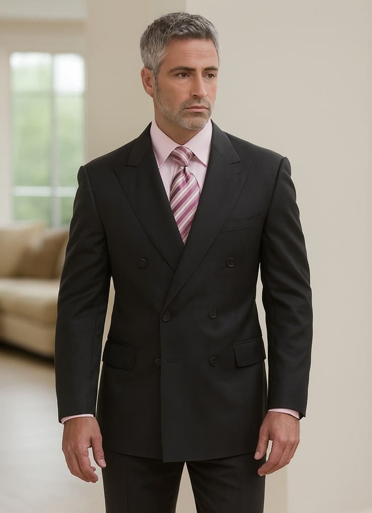 Black double-breasted suit jacket with a modern fit, structured shape, and flap pockets. Made of smooth fabric. Paired with a light pink shirt and striped tie.
