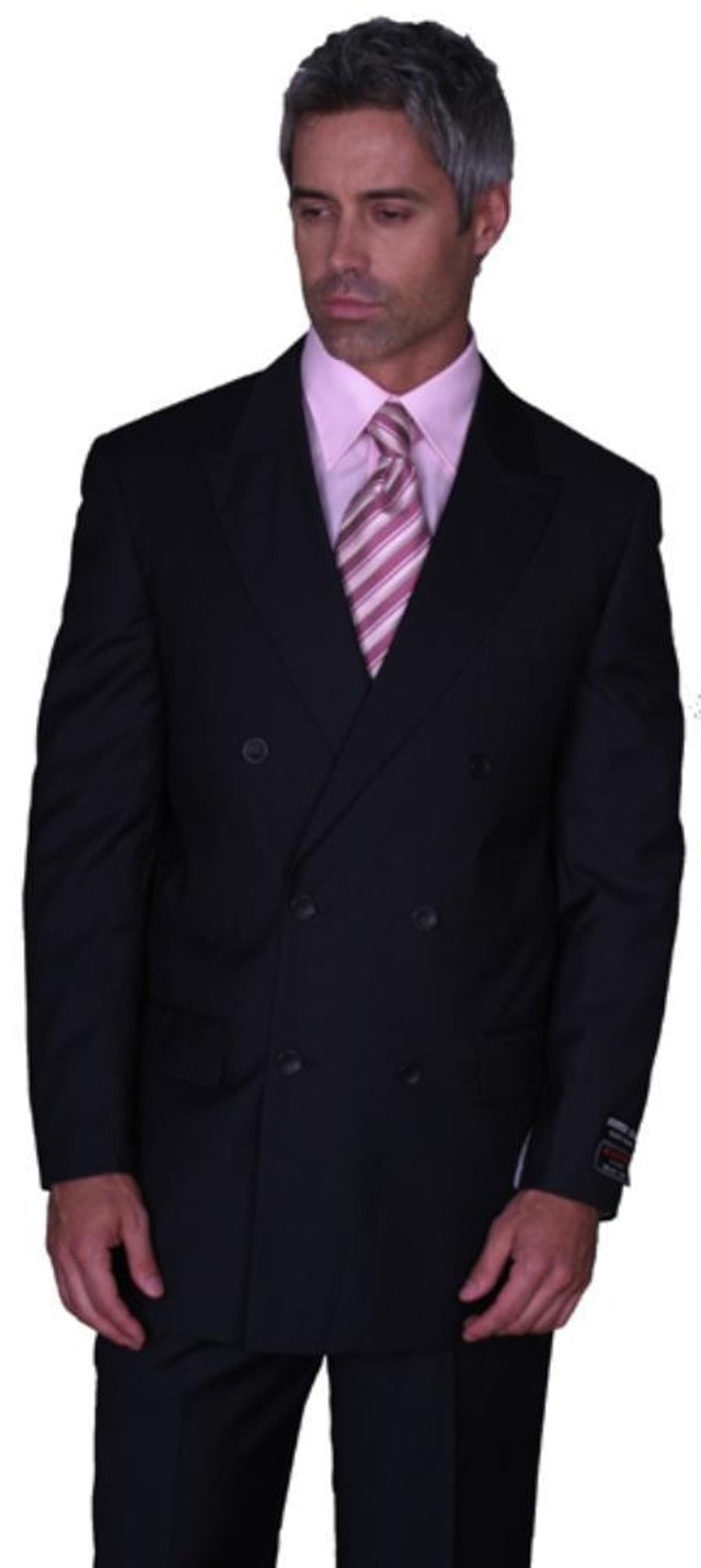 Men's Steve Harvey black double-breasted suit. Modern fit, structured shape, and a smooth, polished fabric. Features two rows of buttons and two front pockets. Formal design.
