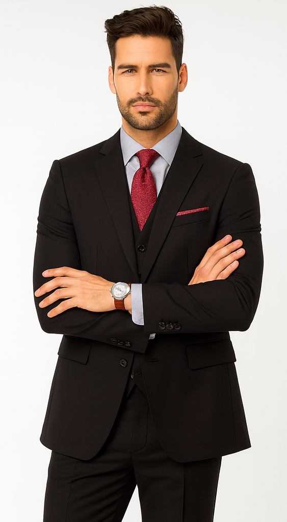 Steve Harvey Suit - Peak Lapel Modern Fit - No Pleated Pants Designer Brand Black 3 Piece Vested Suit