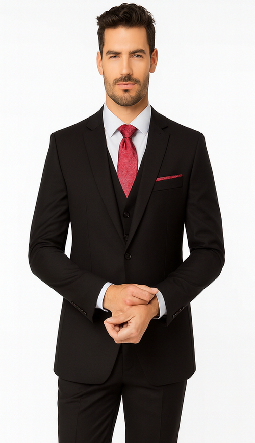 Steve Harvey Suit - Peak Lapel Modern Fit - No Pleated Pants Designer Brand Black 3 Piece Vested Suit