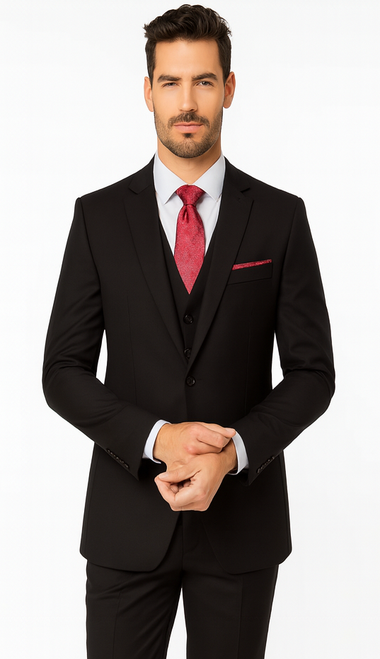 Steve Harvey Suit - Peak Lapel Modern Fit - No Pleated Pants Designer Brand Black 3 Piece Vested Suit