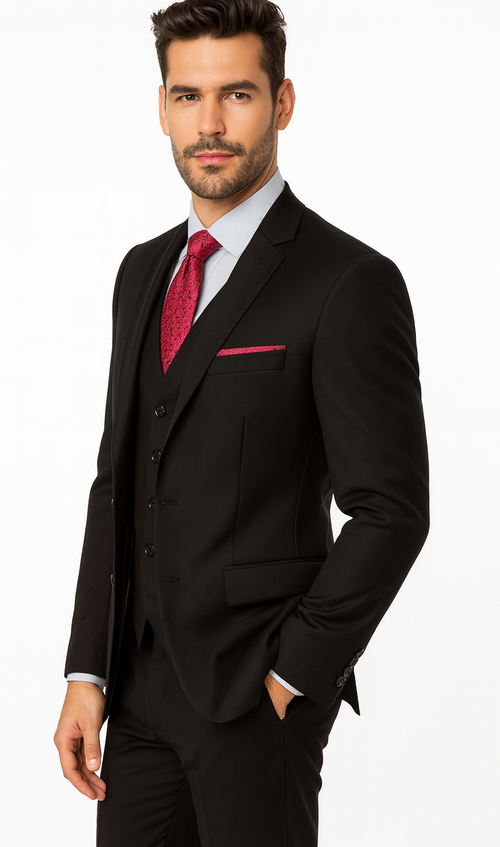 Steve Harvey Suit - Peak Lapel Modern Fit - No Pleated Pants Designer Brand Black 3 Piece Vested Suit