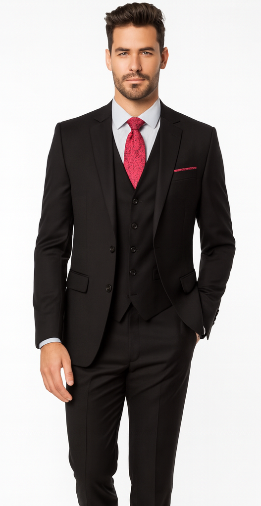 Steve Harvey Suit - Peak Lapel Modern Fit - No Pleated Pants Designer Brand Black 3 Piece Vested Suit