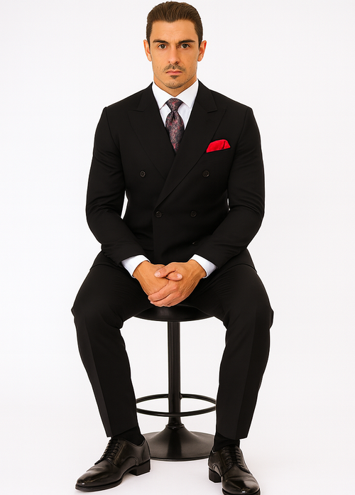 Steve Harvey Suit - Peak Lapel Modern Fit - No Pleated Pants Designer Brand Black Peak Lapel 3 Piece Vested Suit