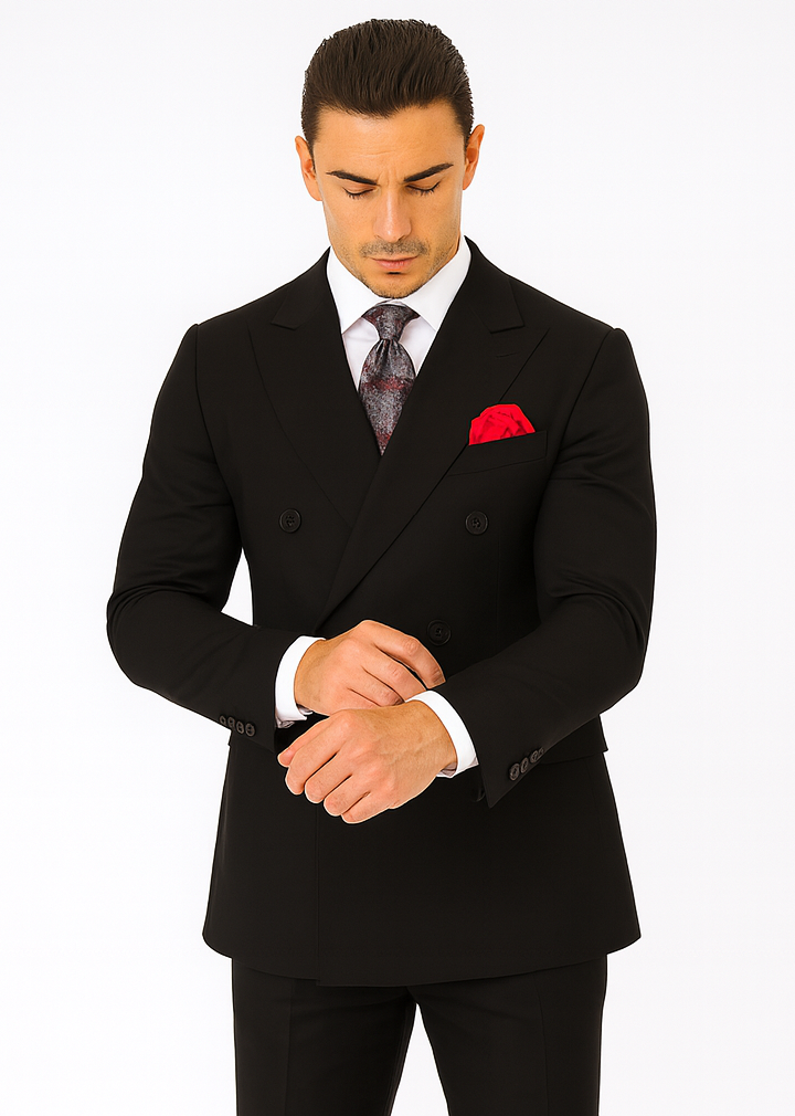 Steve Harvey Suit - Peak Lapel Modern Fit - No Pleated Pants Designer Brand Black Peak Lapel 3 Piece Vested Suit