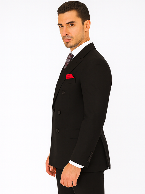 Steve Harvey Suit - Peak Lapel Modern Fit - No Pleated Pants Designer Brand Black Peak Lapel 3 Piece Vested Suit