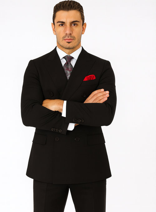 Steve Harvey Suit - Peak Lapel Modern Fit - No Pleated Pants Designer Brand Black Peak Lapel 3 Piece Vested Suit