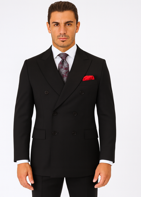 Steve Harvey Suit - Peak Lapel Modern Fit - No Pleated Pants Designer Brand Black Peak Lapel 3 Piece Vested Suit
