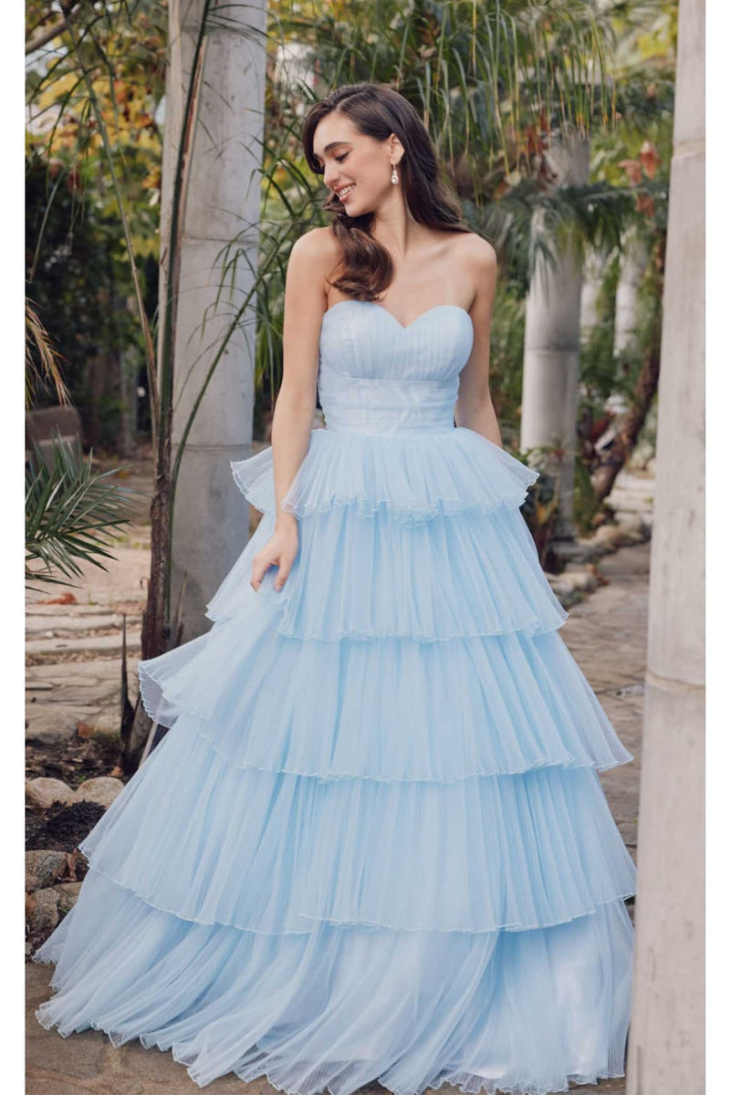 Strapless Tiered Ruffled A-Line Gown by Juliet JT2452K