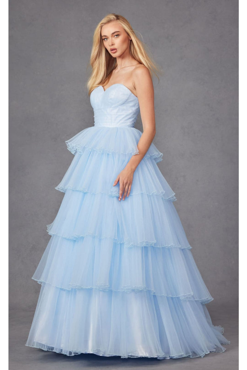 Strapless Tiered Ruffled A-Line Gown by Juliet JT2452K