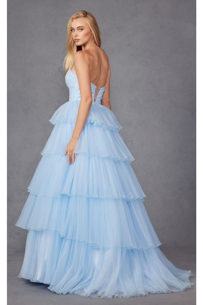 Strapless Tiered Ruffled A-Line Gown by Juliet JT2452K