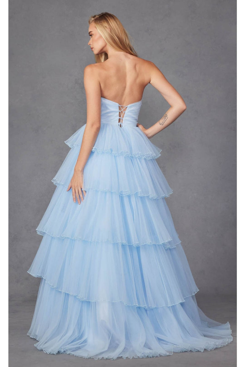 Strapless Tiered Ruffled A-Line Gown by Juliet JT2452K