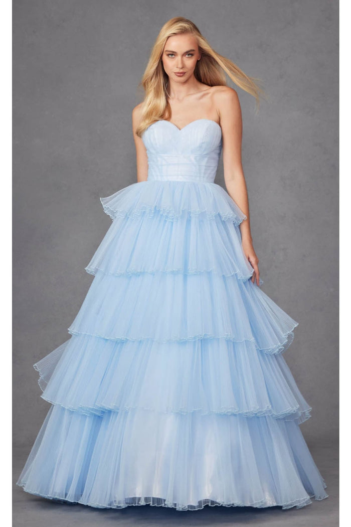 Strapless Tiered Ruffled A-Line Gown by Juliet JT2452K