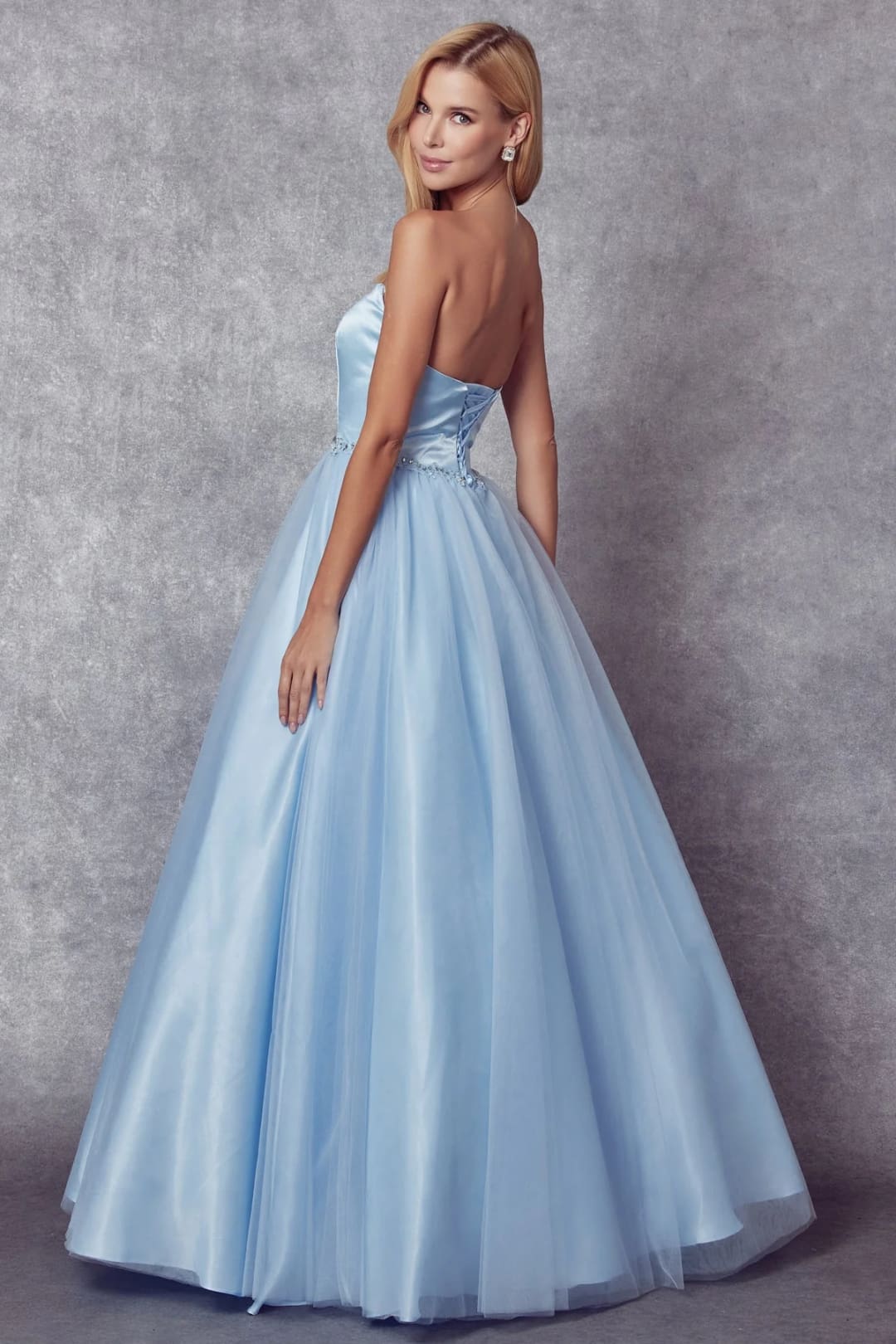 Strapless Tulle Gown with Lace-Up Detail by Juliet 265