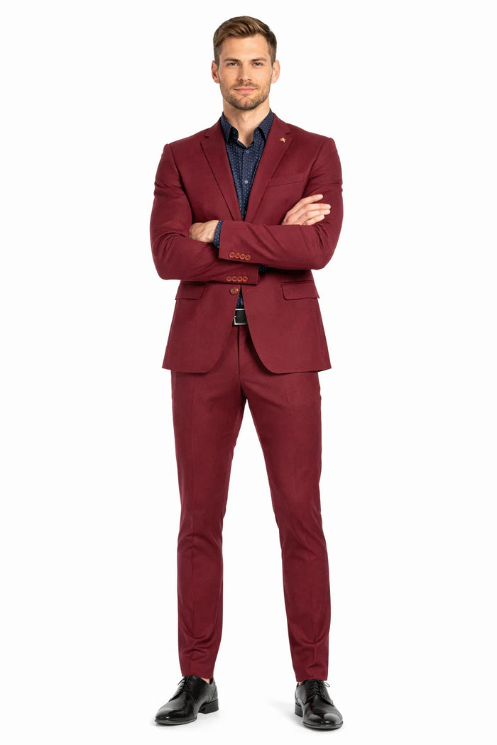 Stretch Fabric Suits - Slim Fit Suit in Color Burgundy - Giovanni Testi 2 button stretch Burgundy Travel Suit GTRVL2N-01 BURGANDY