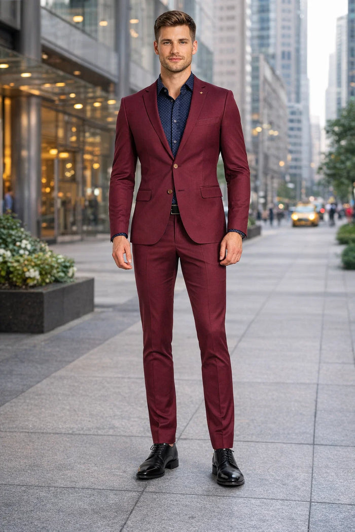 Stretch Fabric Suits - Slim Fit Suit in Color Burgundy - Giovanni Testi 2 button stretch Burgundy Travel Suit GTRVL2N-01 BURGANDY