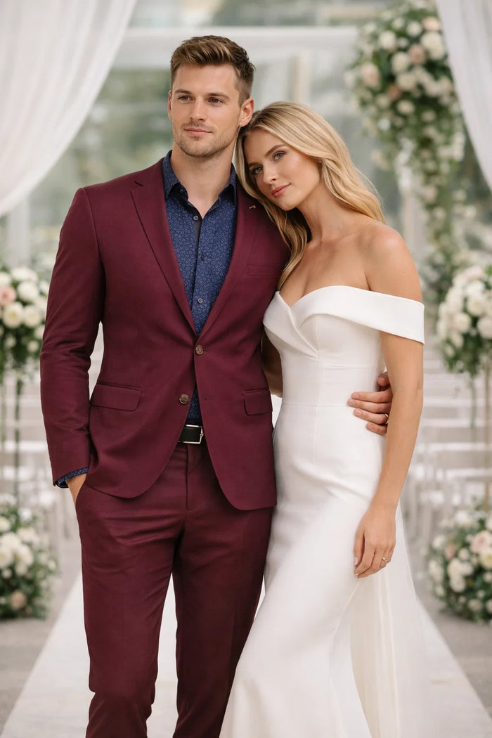 Stretch Fabric Suits - Slim Fit Suit in Color Burgundy - Giovanni Testi 2 button stretch Burgundy Travel Suit GTRVL2N-01 BURGANDY