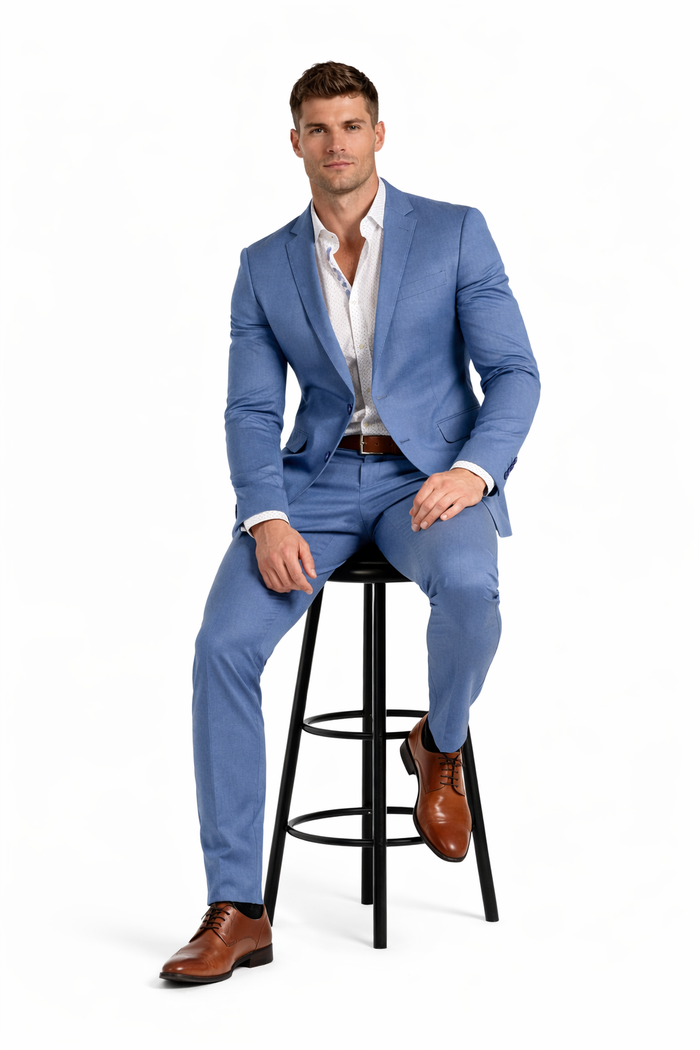 Stretch Fabric Suits - Slim Fit Suit in Color MBlue - Giovanni Testi 2 button stretch Medium Blue Travel Suit GTRVL2N-01 M.BLUE