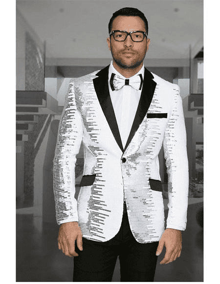 Style#-B6362 Men's Shiny Sequin 1 Button White & Black Blazer ~ Black Dinner Jacket - Wool - AlbertoNardoniStore