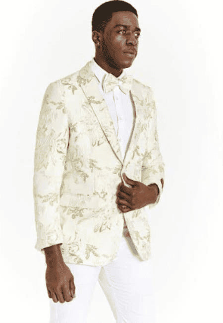 Style#-B6362 White Dinner Jacket - White Paisley Blazer - White Sportcoat With Bowtie - AlbertoNardoniStore