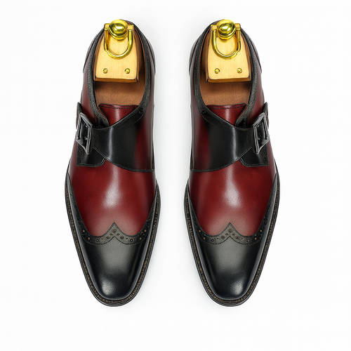 Mens Leather Wingtip Monk Strap Dress Shoe in Brown & Navy