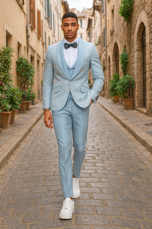 2025 Prom Special Blue Tuxedo Suit w/ Double-Breasted Vest by Tazzio