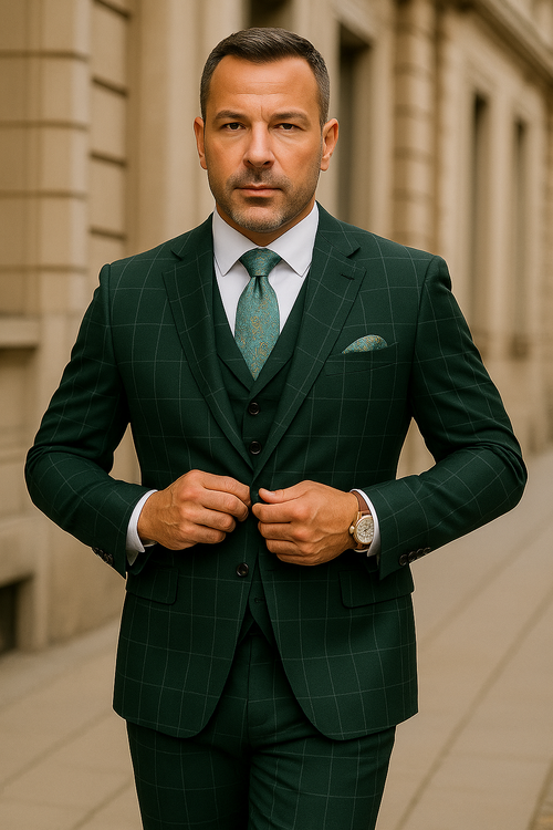 Hunter Green Plaid Suit - Windowpane Pattern Modernt Fit in Dark Green With Vest