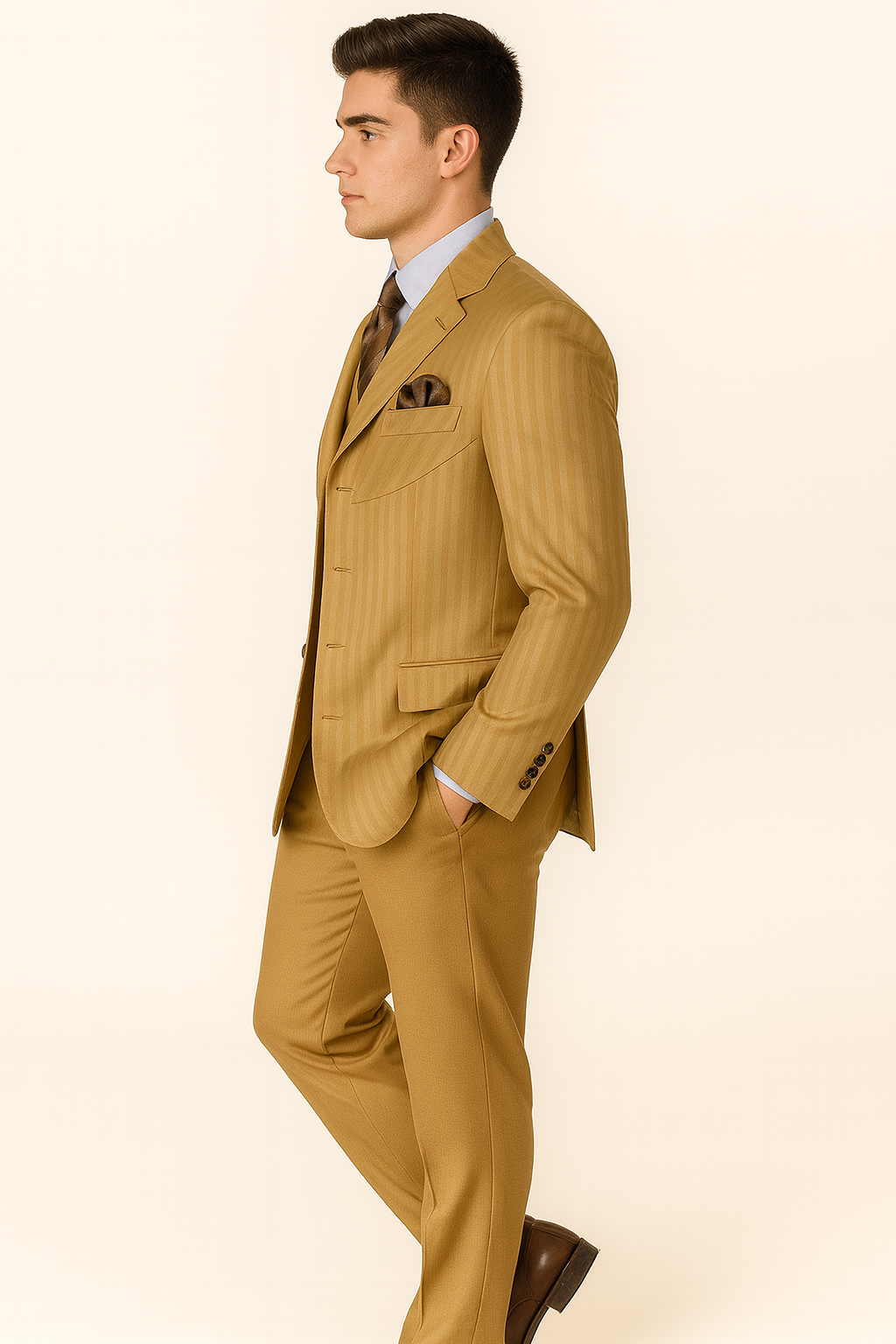 Mens 4 button Semi Wide Leg Shiny Tonal Stripe Fashion Gold Suit