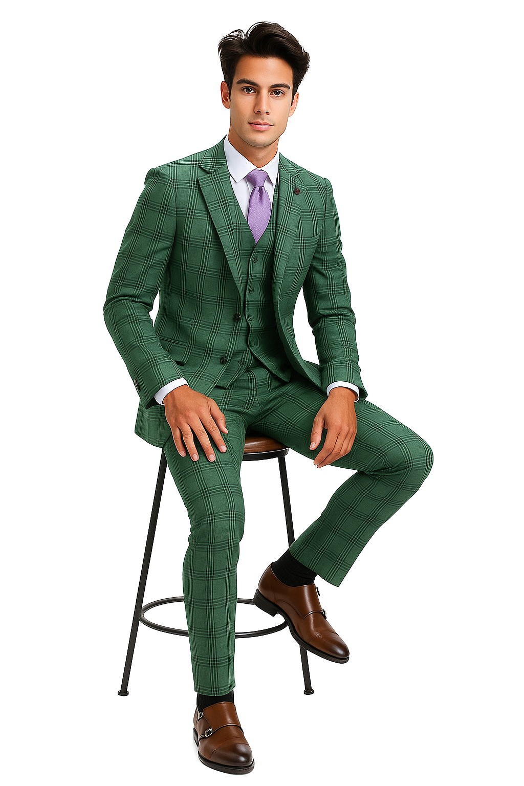 Stacy Adams - Hybrid Fit Plaid 3 Piece Green Suit