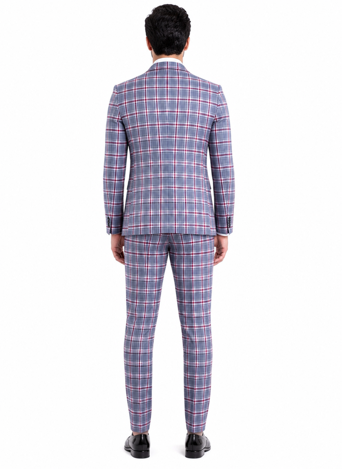 Stylish Grey and Red Checkered Suit for Men – Slim Fit 3 Piece Formal Outfit