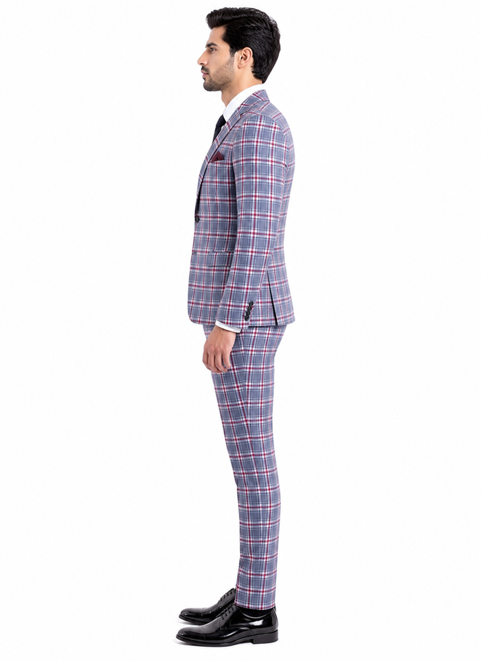 Stylish Grey and Red Checkered Suit for Men – Slim Fit 3 Piece Formal Outfit
