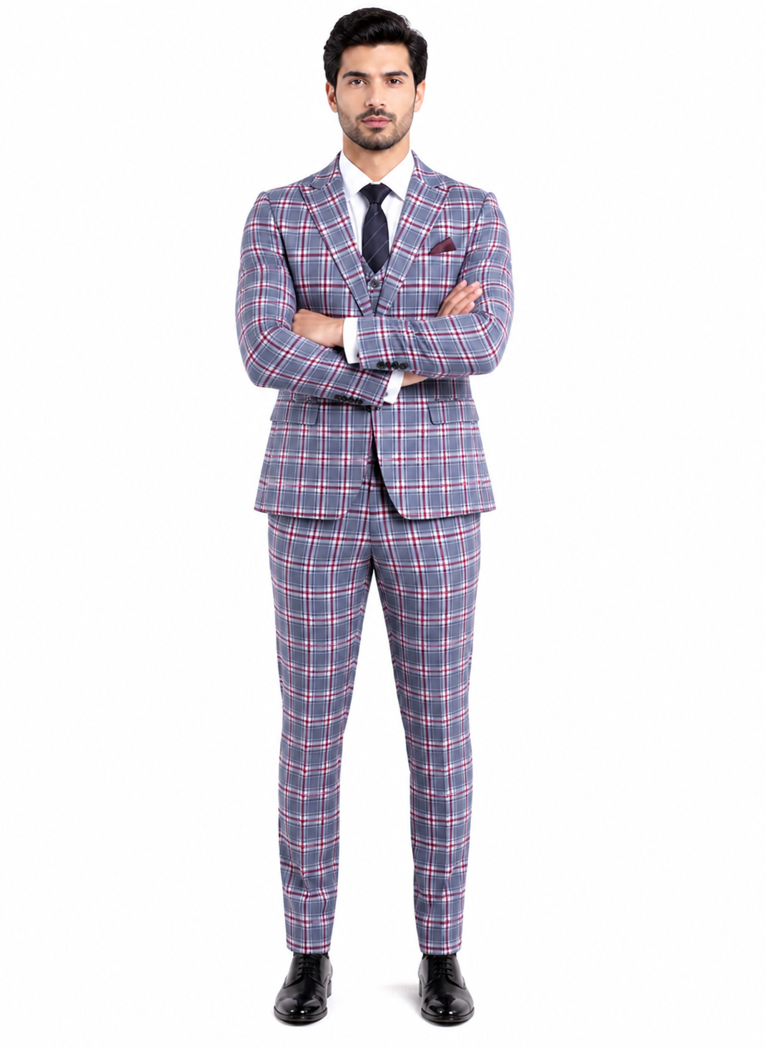 Stylish Grey and Red Checkered Suit for Men – Slim Fit 3 Piece Formal Outfit