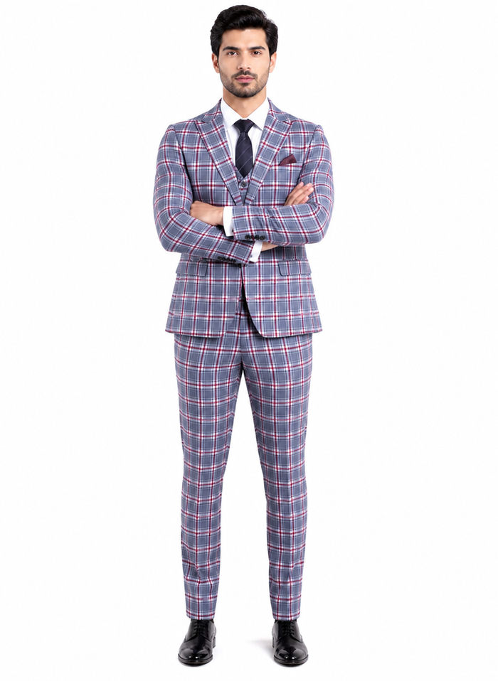 Stylish Grey and Red Checkered Suit for Men – Slim Fit 3 Piece Formal Outfit