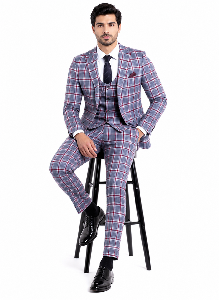 Stylish Grey and Red Checkered Suit for Men – Slim Fit 3 Piece Formal Outfit