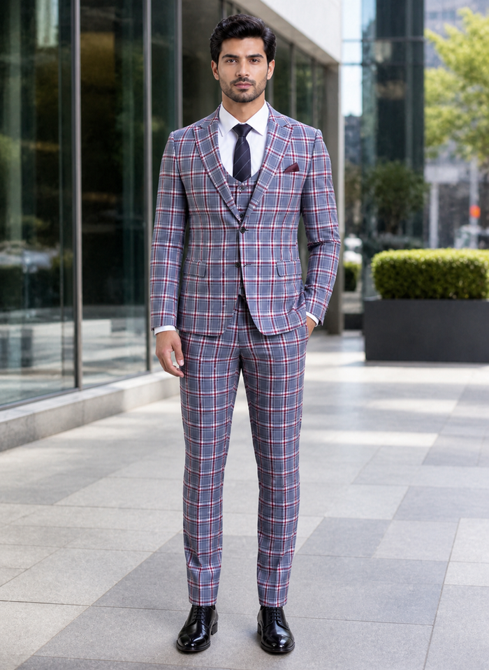 Stylish Grey and Red Checkered Suit for Men – Slim Fit 3 Piece Formal Outfit