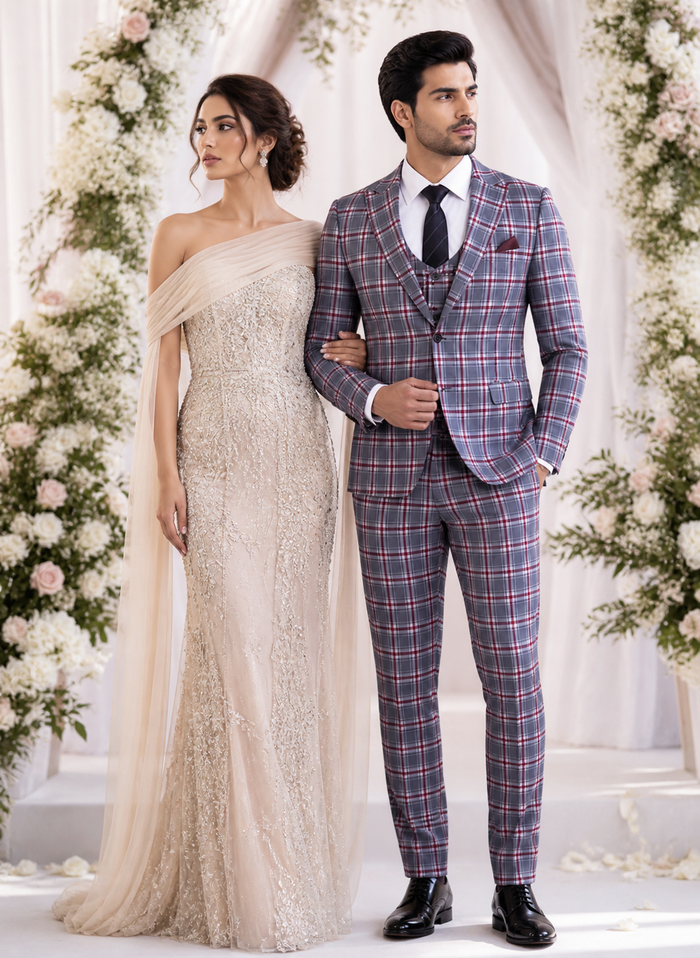 Stylish Grey and Red Checkered Suit for Men – Slim Fit 3 Piece Formal Outfit