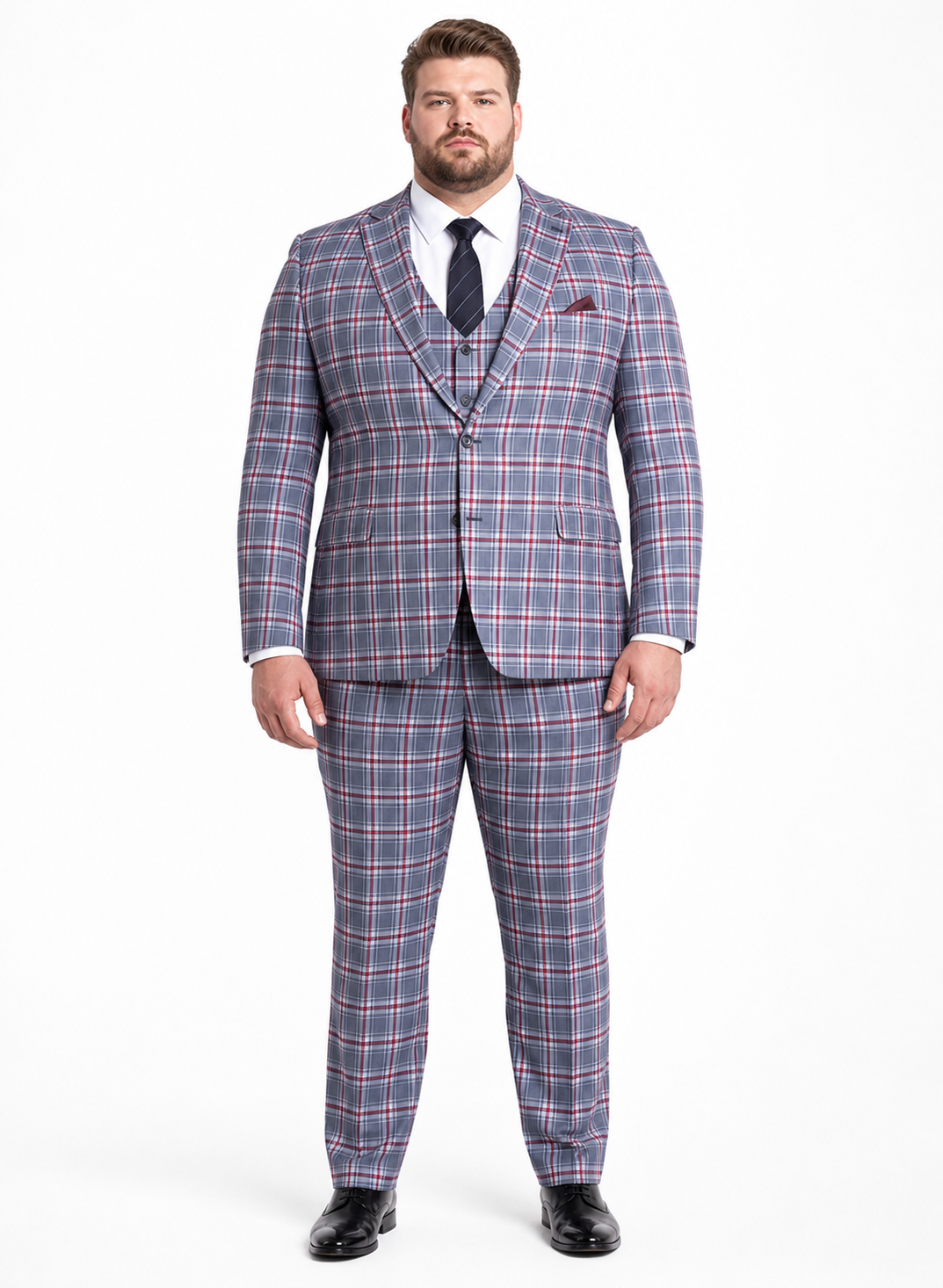 Stylish Grey and Red Checkered Suit for Men – Slim Fit 3 Piece Formal Outfit