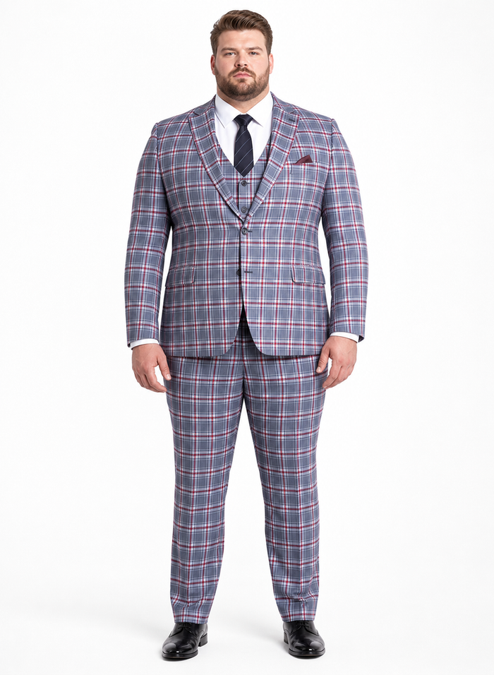 Stylish Grey and Red Checkered Suit for Men – Slim Fit 3 Piece Formal Outfit
