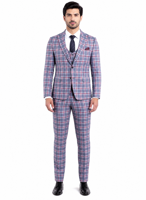 Stylish Grey and Red Checkered Suit for Men – Slim Fit 3 Piece Formal Outfit