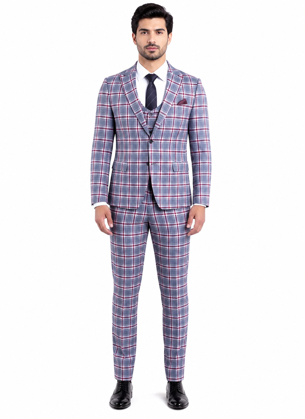 Stylish Grey and Red Checkered Suit for Men – Slim Fit 3 Piece Formal Outfit