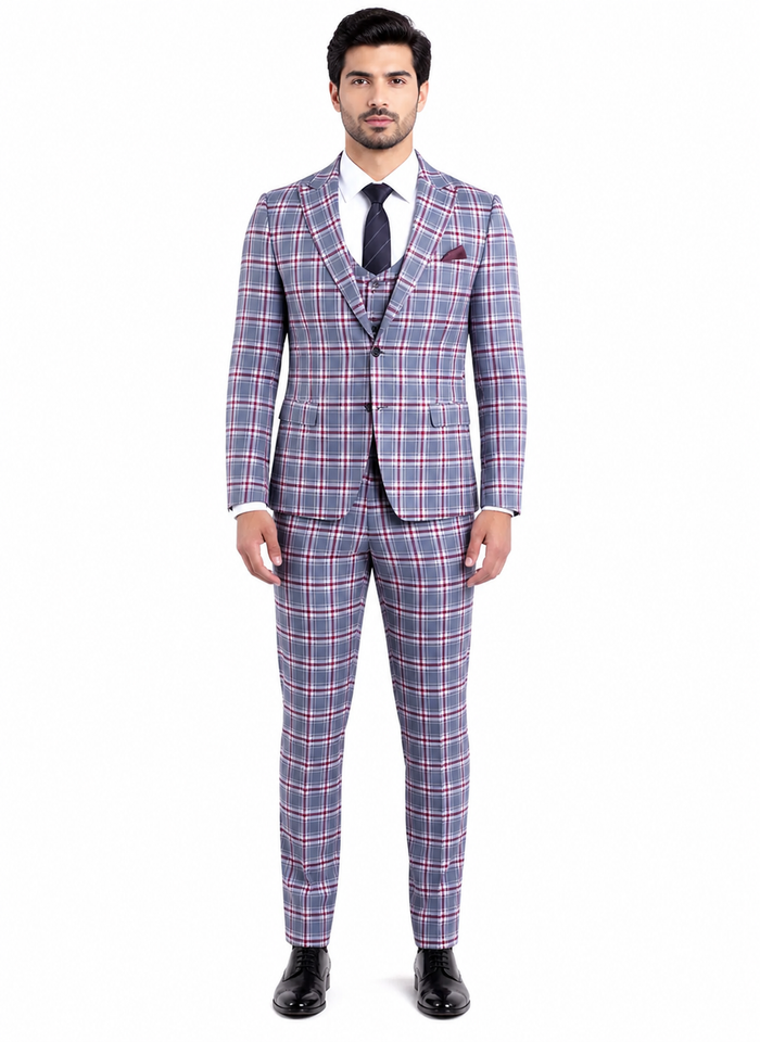 Stylish Grey and Red Checkered Suit for Men – Slim Fit 3 Piece Formal Outfit