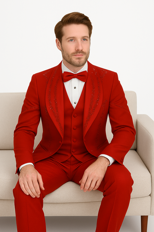 Italian red wool tuxedo (three-piece). Modern fit, fitted blazer with details, matching vest, and tailored trousers. Vibrant red, smooth fabric with sheen. Includes bow tie and white dress shirt.
